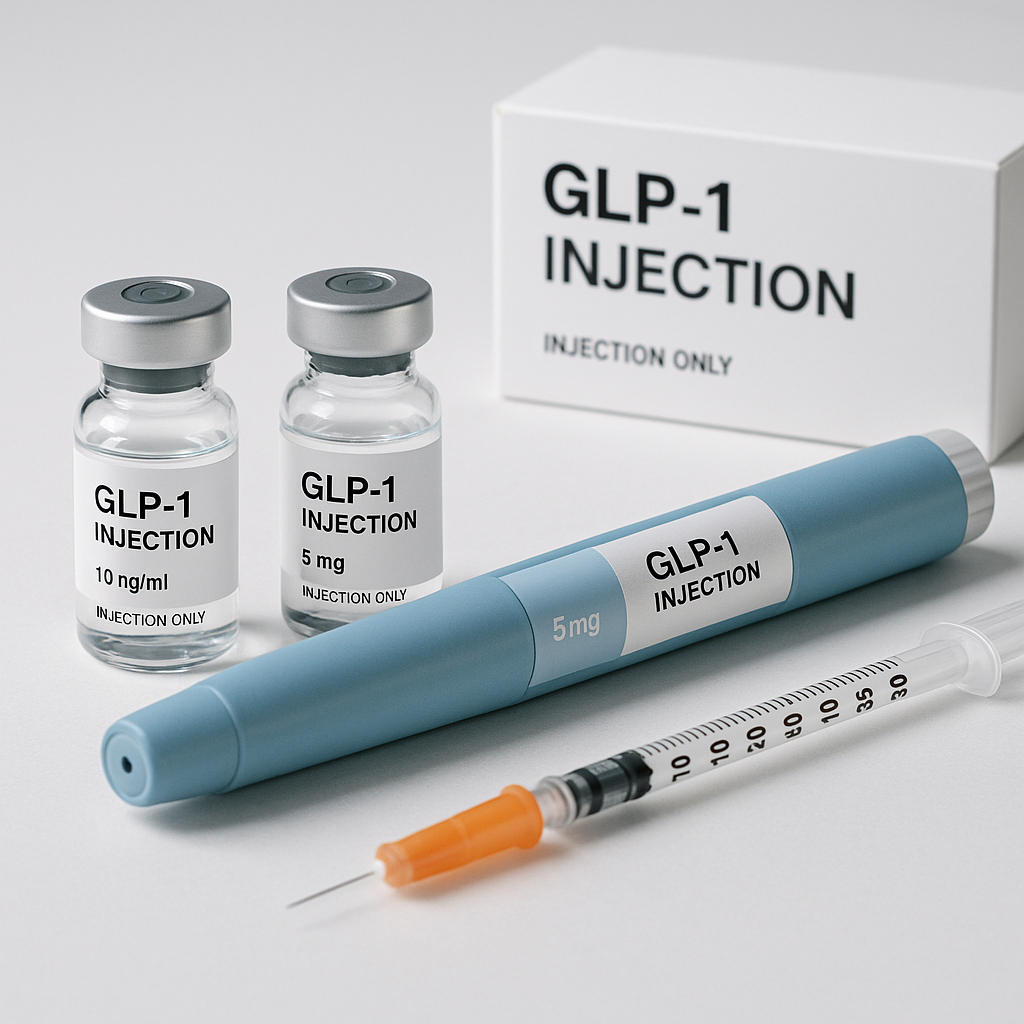 Injectable GLP-1 medication vials, auto-injector pen, and syringes